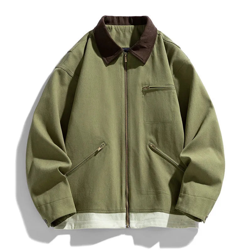 Korean style retro lapel autumn jacket in mint green with contrasting collar and side seam pockets