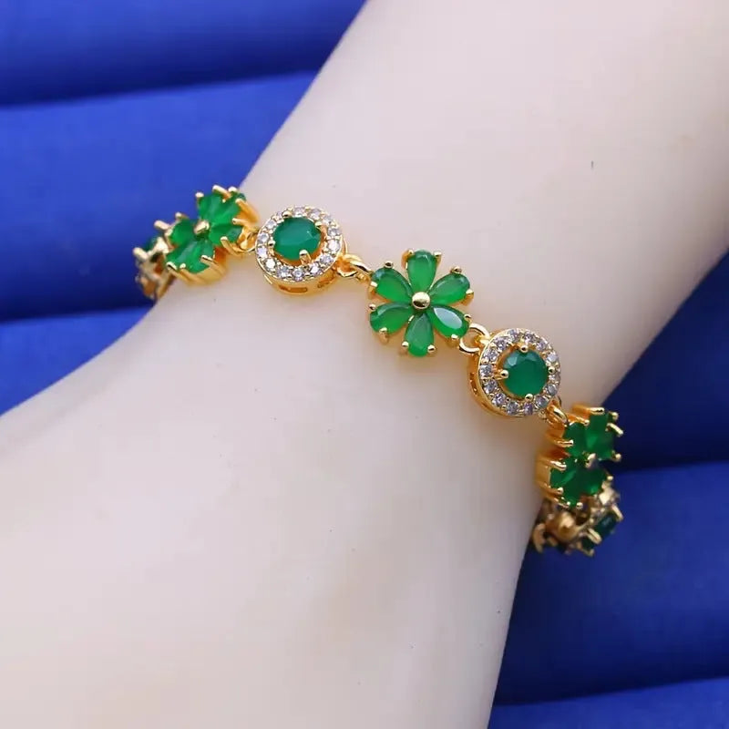 Romantic Flower Design Green Zircon Bracelet Copper Real Gold Plating Micro Inlaid Zircon Affordable Luxury Style Floral Jewellery for Women
