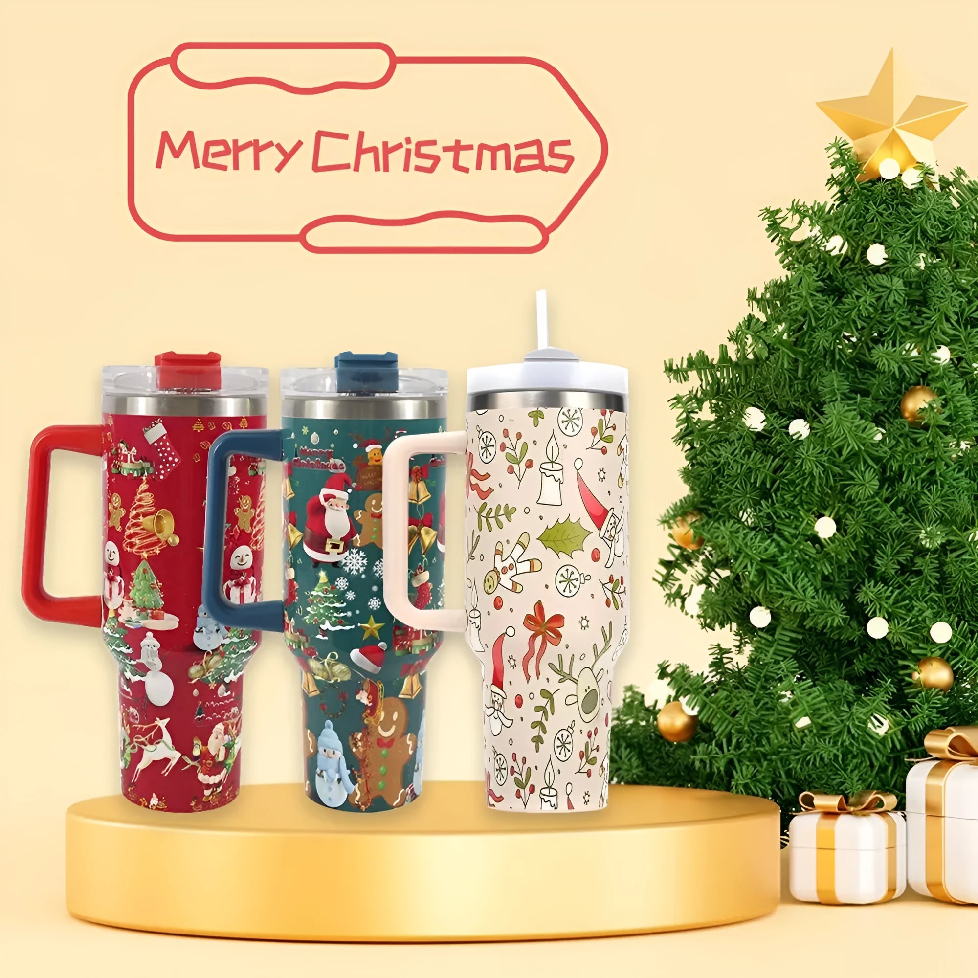 Christmas pattern stainless steel vacuum tumbler with handle and straw, 1200ml capacity
