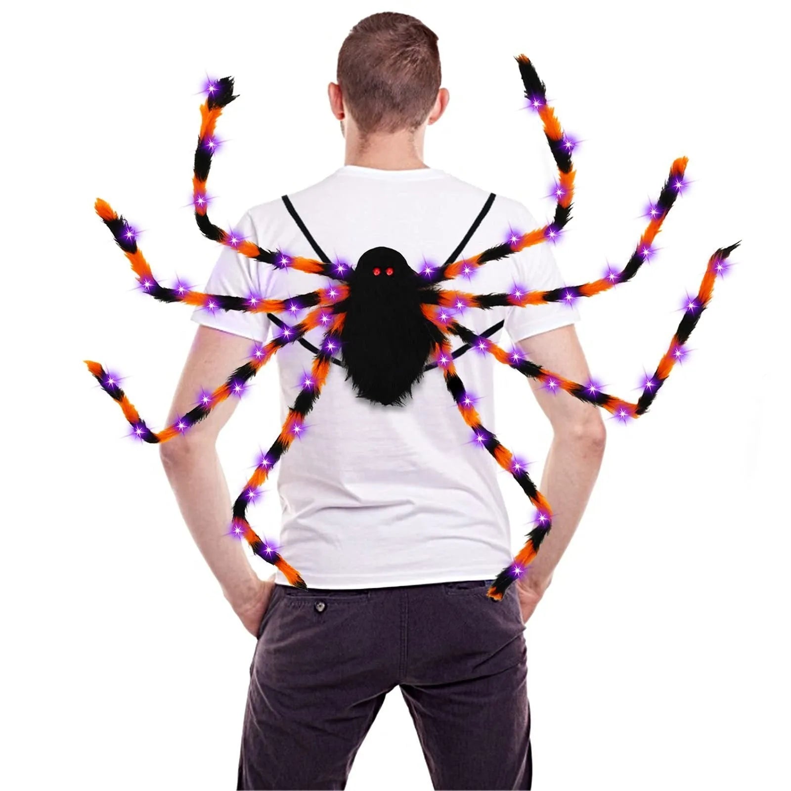 Orange purple light Halloween spider backpack with LED lights on plush fabric.
