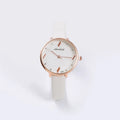 Trendy student watch with round white dial, 32mm diameter, stainless steel buckle on a light background