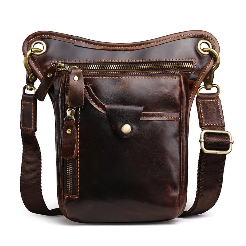 Men's brown crazy horse leather retro satchel bag with flap closure and adjustable shoulder strap.