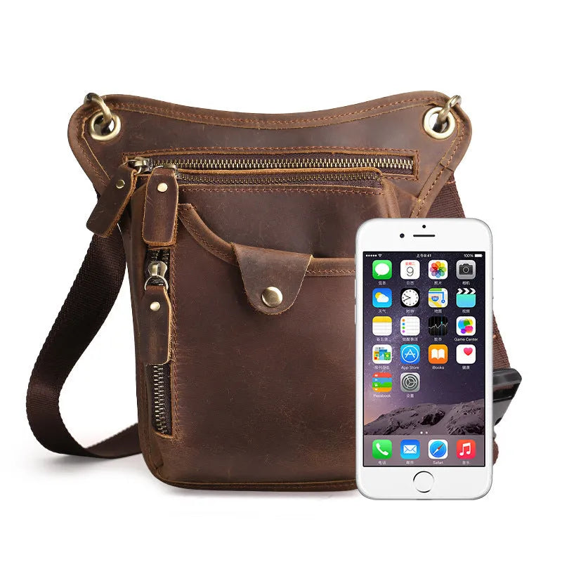 Men's brown crazy horse leather retro satchel bag with flap closure and adjustable shoulder strap.