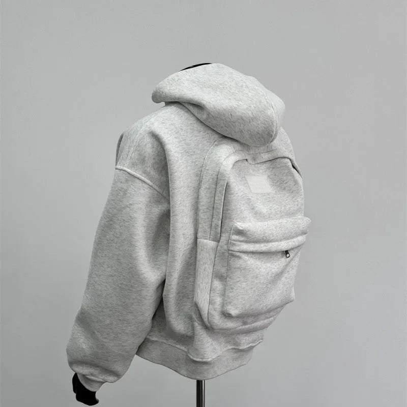 Light gray men's hooded coat with a layered back schoolbag design.