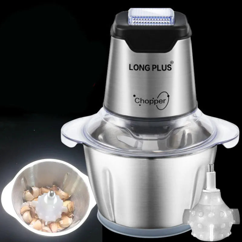 Electric garlic peeler appliance for use with a LONG PLUS brand meat grinder.
