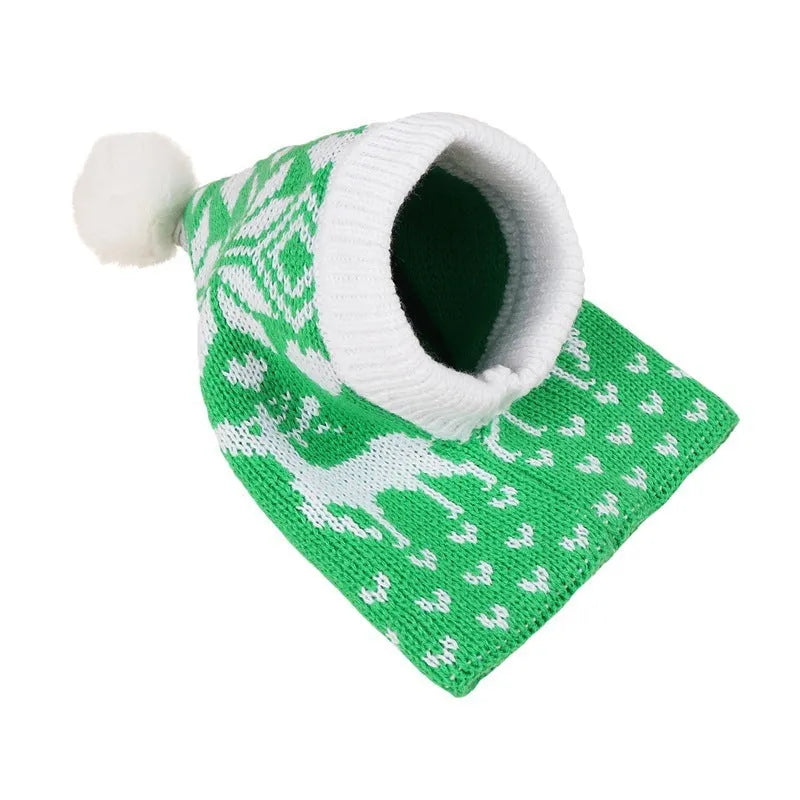 Knitted acrylic pet hat with snowflake elk love print and fur ball, size S M L, available in red and green colourways