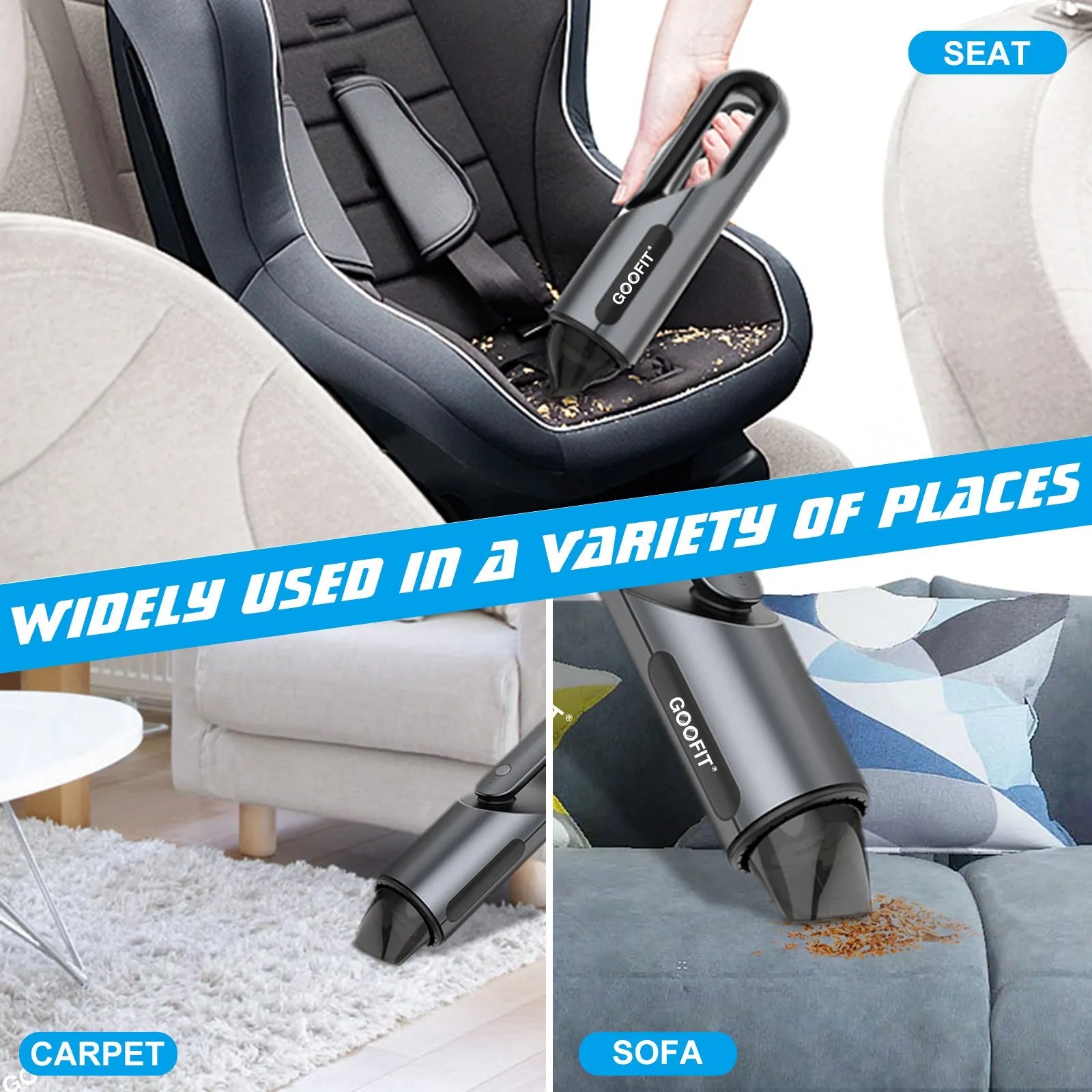 Black wireless handheld car vacuum cleaner with brush and flat attachments on a car seat.