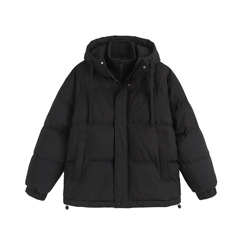 Loose winter cotton-padded coat in cardigan style with side pockets