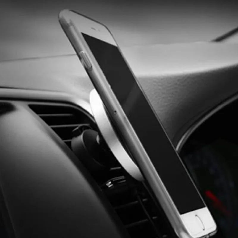 Car magnetic mobile phone holder with 360 degree rotation and wireless charging in black aluminium alloy