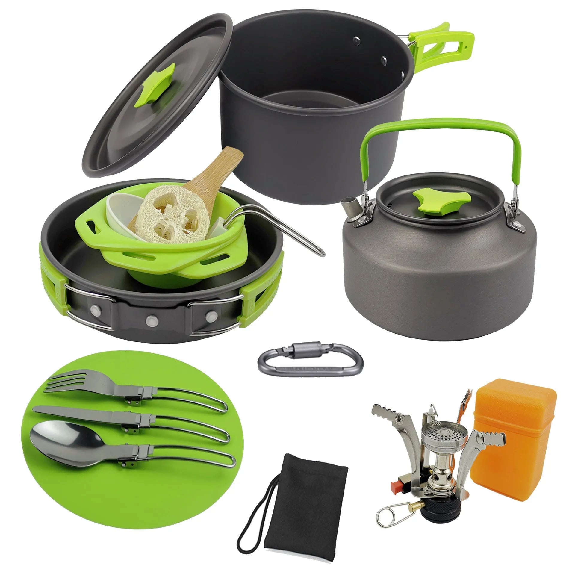 Green aluminium alloy camping teapot set with kettle, frying pan, and pot arranged on a picnic table