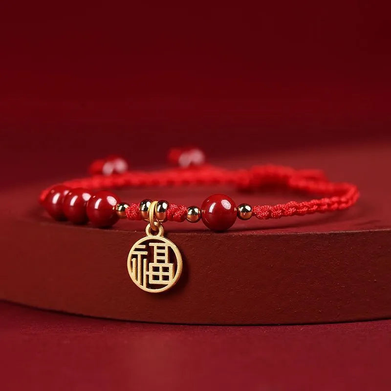 Cinnabar exam luck bracelet with braided rope in black, red or wine red with blessing card charm