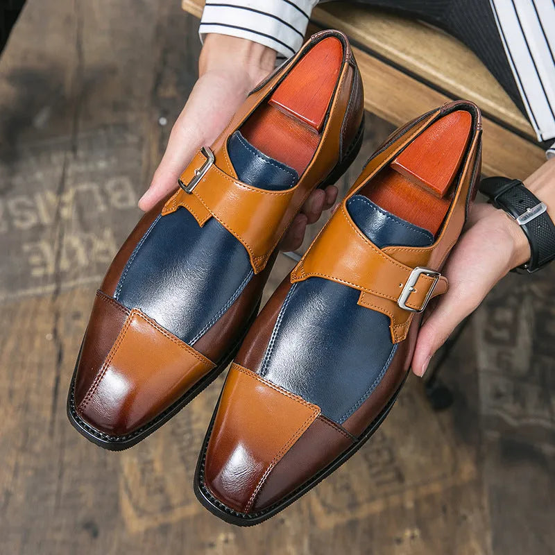Men's British style casual leather shoes with retro buckle in black and brown blue options