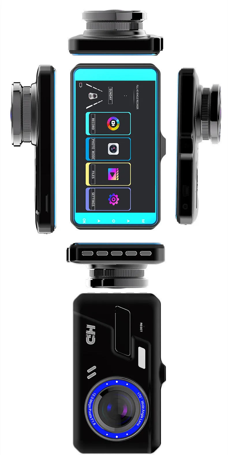 Black front and rear dual lens car dashboard camera with 4-inch touch screen display