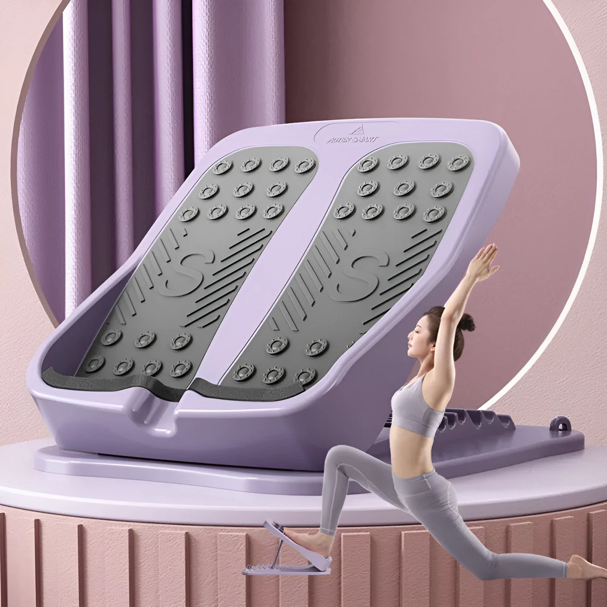 Foldable skinny leg stretch board with oblique pedal in ABS PP, available in purple or green