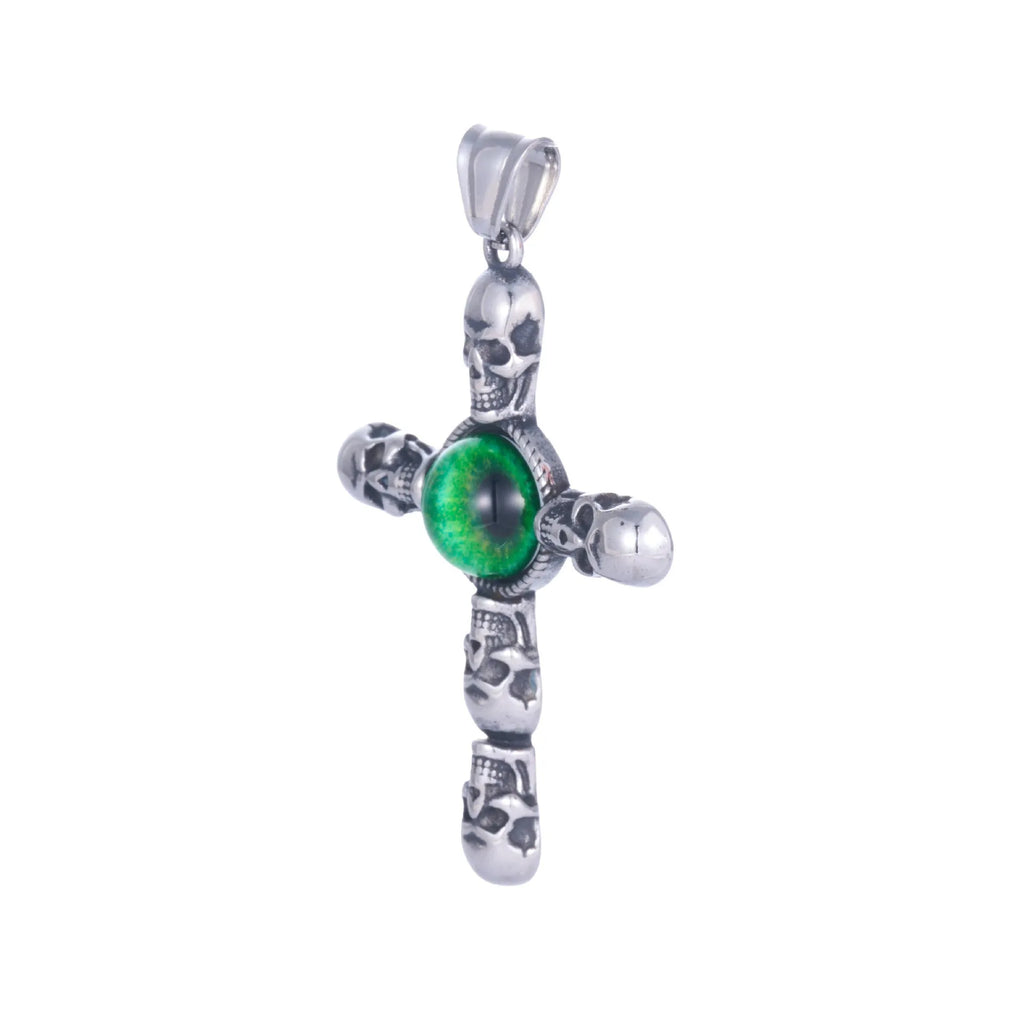 Stainless steel cross skull pendant with green eye detail in U-shaped geometric form on a chain