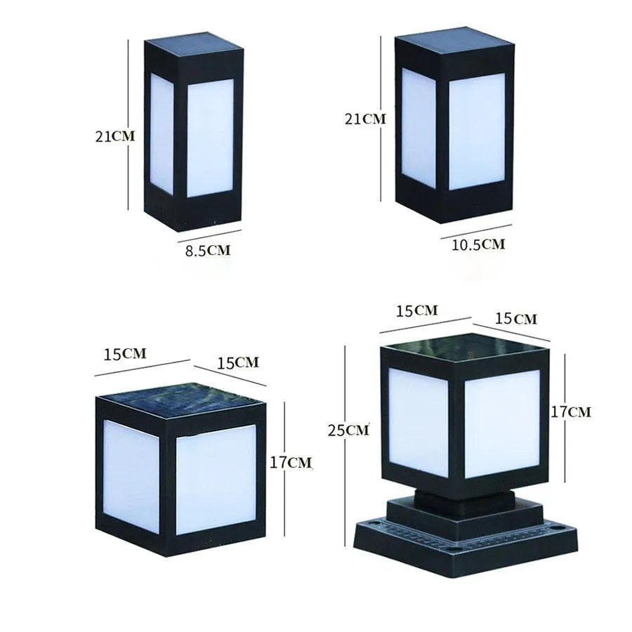 Set of solar-powered garden lights with LED illumination staked along a garden path at dusk