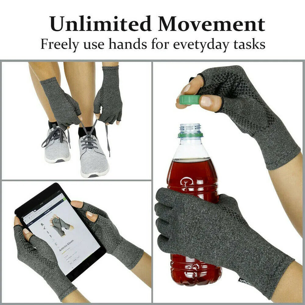 Grey half-finger joint compression gloves with anti-slip palm, shown flat.