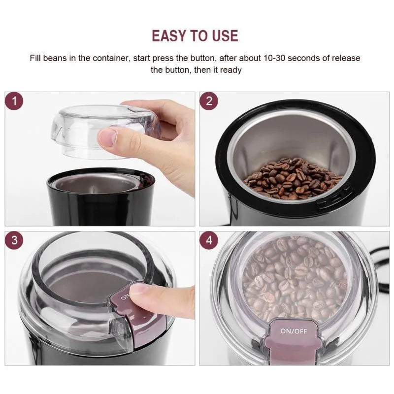 Black mini electric grinder with stainless steel liner for grinding coffee beans and nuts