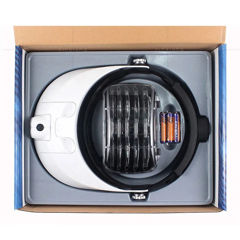Headband magnifier with adjustable head strap, two LED lights, and five interchangeable lenses