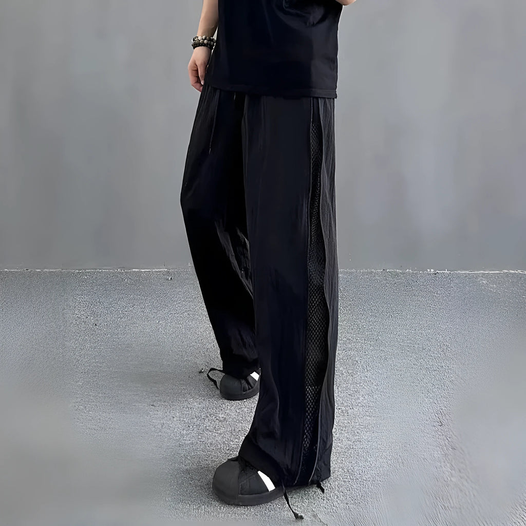 Men's side zipper outdoor technical trousers in black, straight-leg polyester design for summer