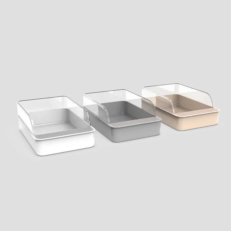 White semi-enclosed PP plastic cat litter box, size S, 41.7x28x17cm, on a tiled floor