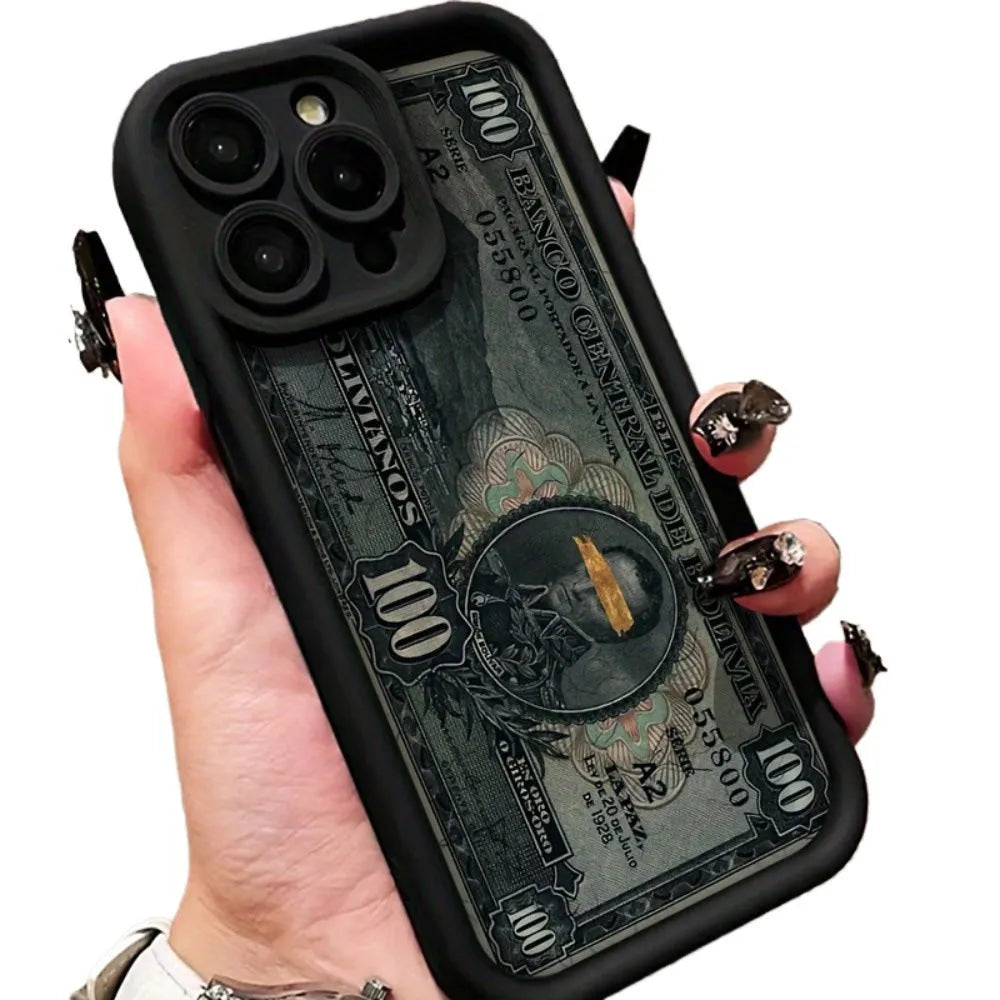 Black silicone phone case with dollar bill illustration for Apple iPhone, airbag anti-fall protection