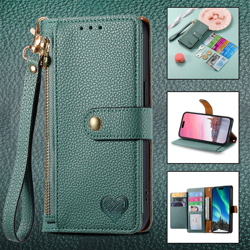 PU leather litchi pattern RFID swiping lanyard phone case for Apple iPhone with built-in bracket in pink