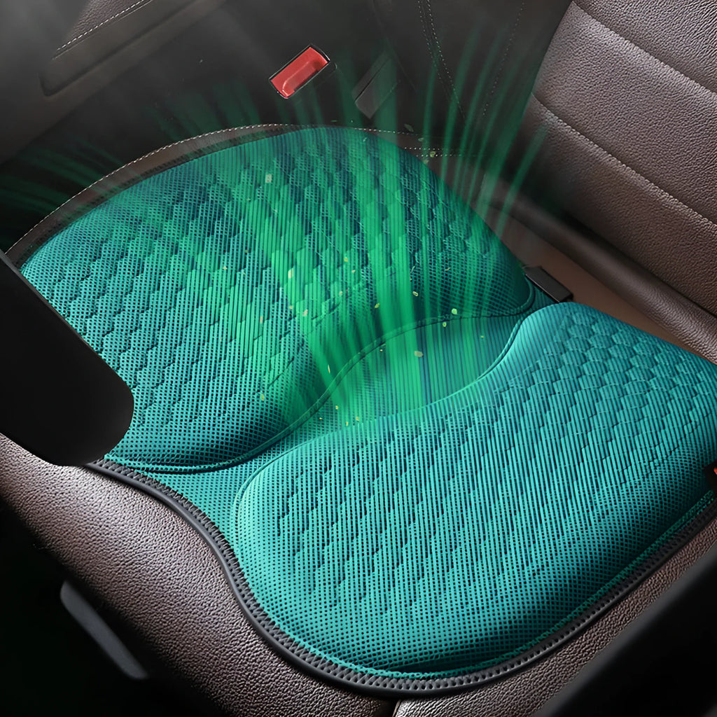 Honeycomb patterned gel car seat cooling cushion in multiple colour options on a car seat.