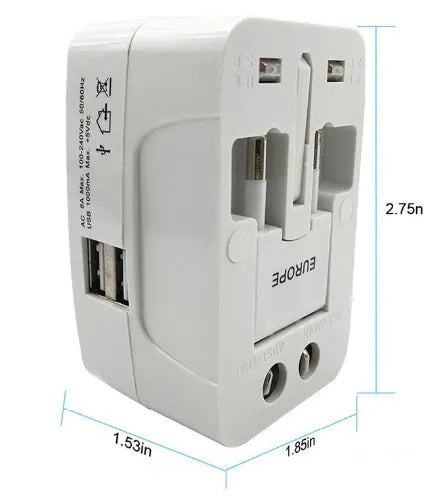 Universal travel adapter and power converter plug for mobile phones, dimensions 73mm by 50mm by 39mm.