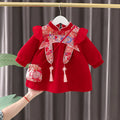 Red winter velvet padded dress for girls with Chinese knot detail, cotton fabric, long sleeves, height 80-120cm