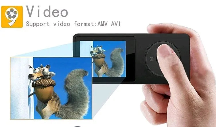 Compact MP4 player with 1.8-inch colour screen showing video playback, available in black, blue, golden, green, light blue, pink, red or white