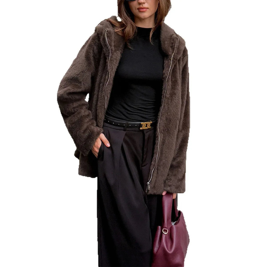 Women's brown polyester fur collar coat with long sleeves, front view