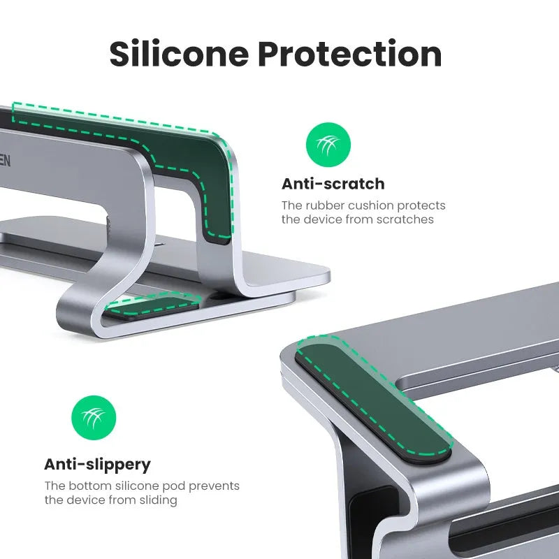Silver aluminium alloy laptop cooling stand with adjustable width mechanism showing hollow design