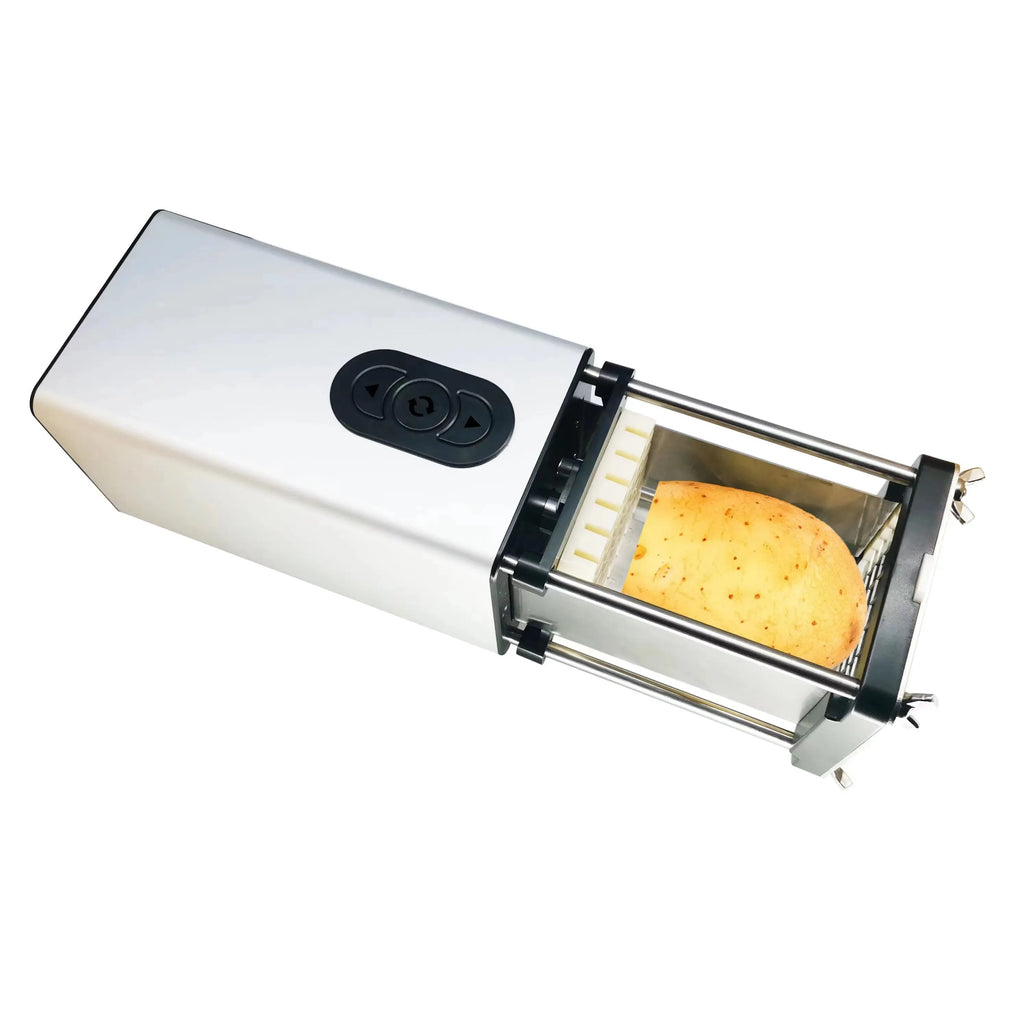 Black electric French fry cutter machine with stainless steel blades on a kitchen counter.