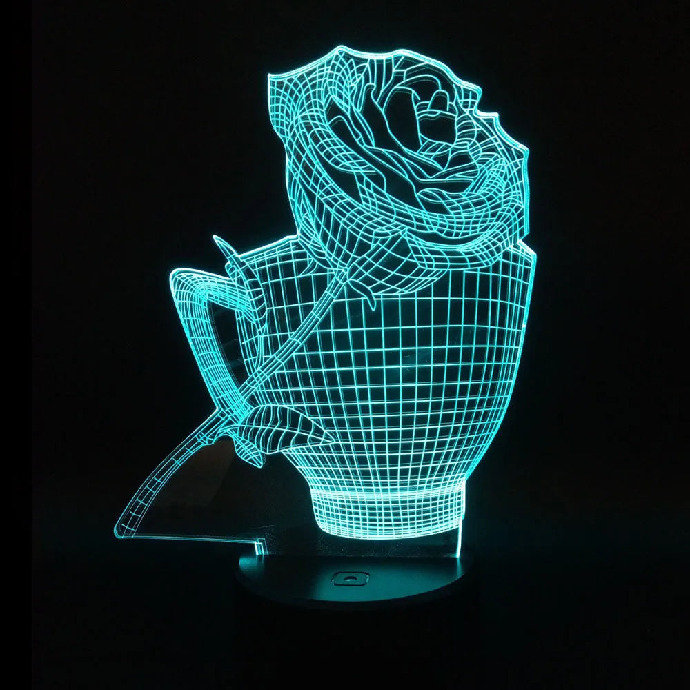 3D rose flower design LED night light on a black ABS base with USB cable and remote control.