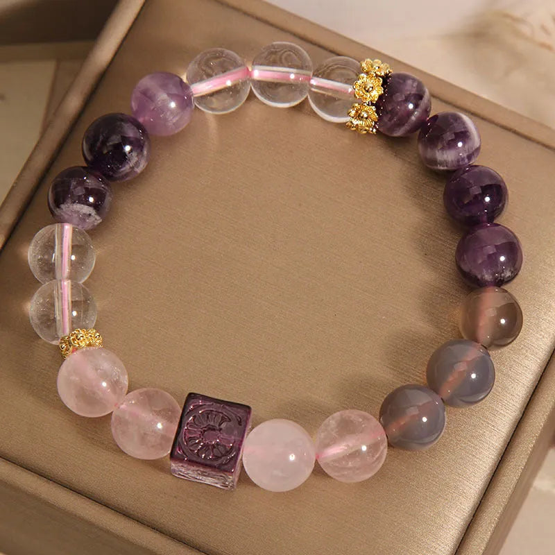 Women's natural amethyst crystal bracelet with purple colour and 10mm rhinestone accents