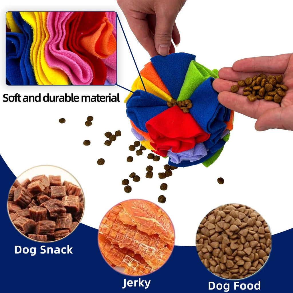 Polar fleece pet sniffing toy ball in rainbow colour for dogs, 10cm diameter, on white background