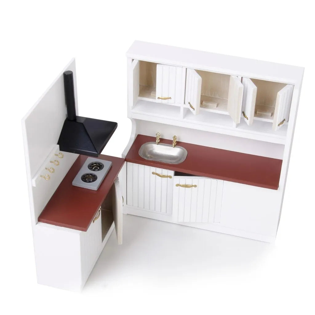 White birch dollhouse kitchen cabinets with working doors and metal handles, sink and stove units