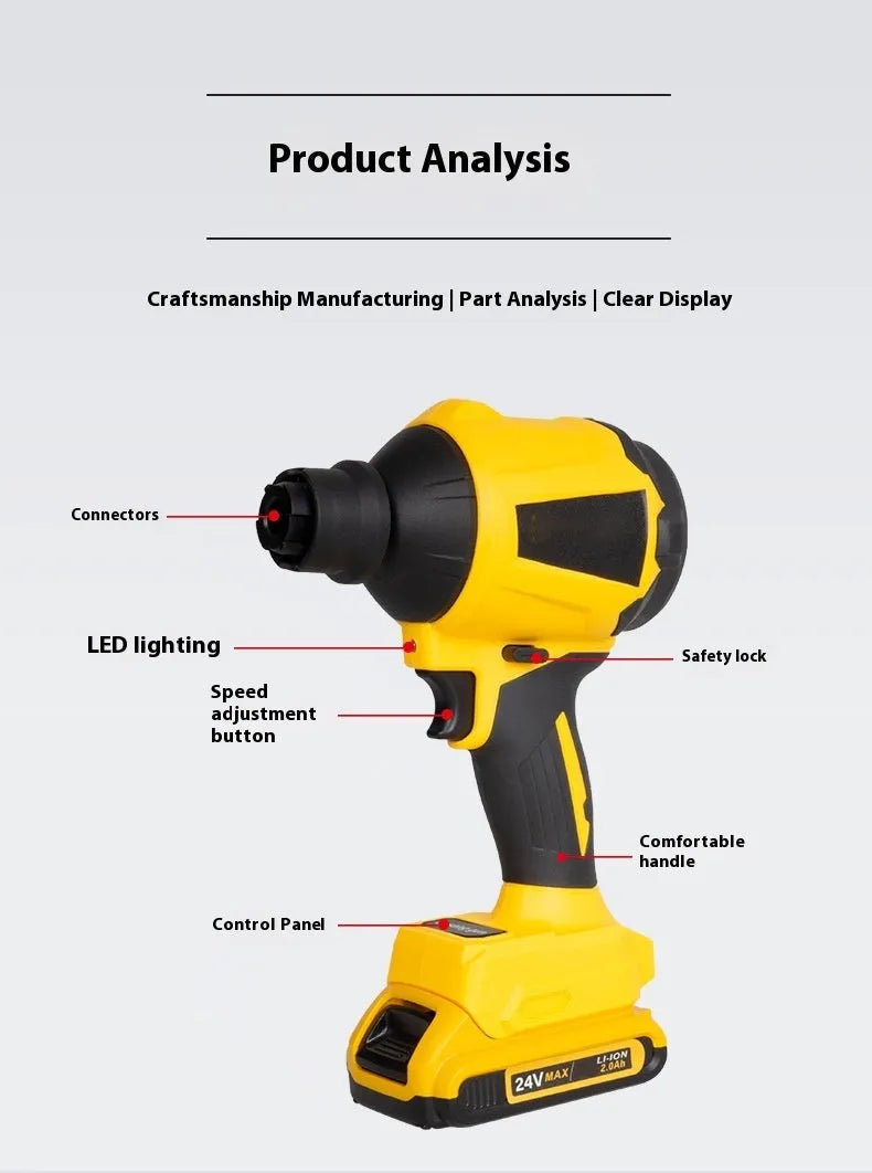 Yellow lithium battery powered dust gun with nozzle for portable cordless cleaning