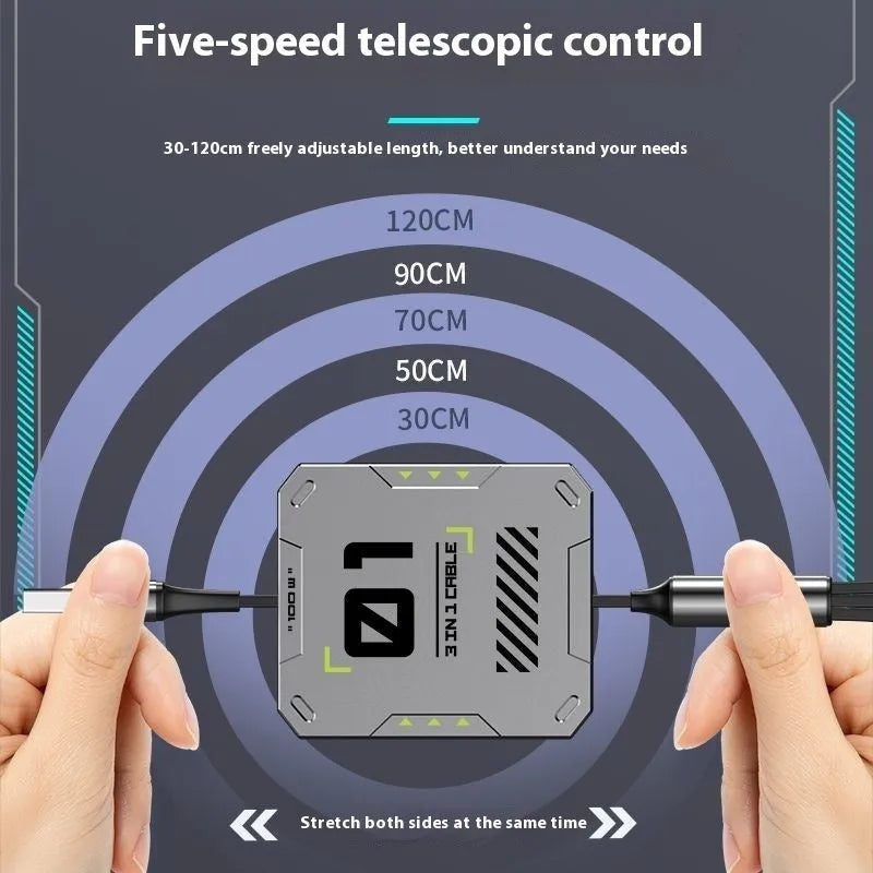 Three-in-one telescopic data cable with 100W super fast charge, grey black, mini USB interface
