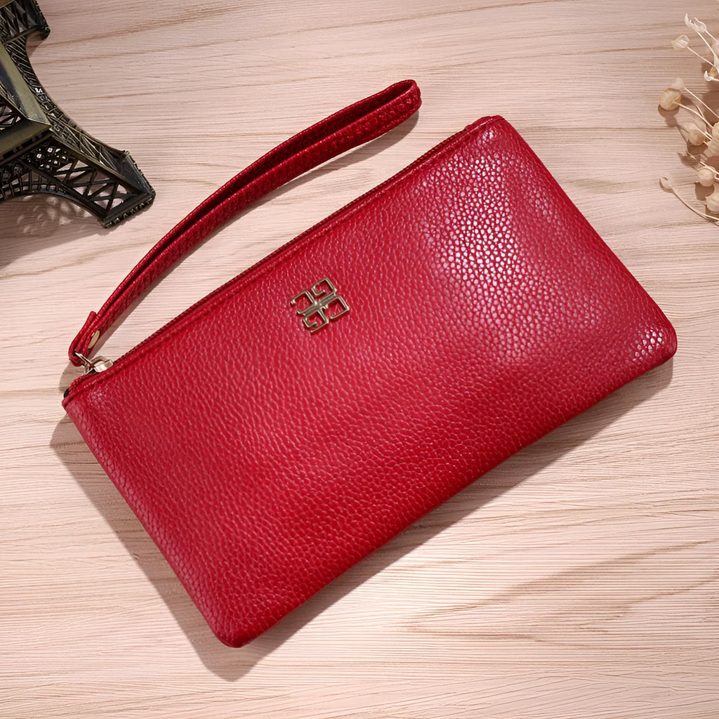 Long wine red crossbody phone wallet handbag with front zipper, shown with cards and phone in dedicated slots.