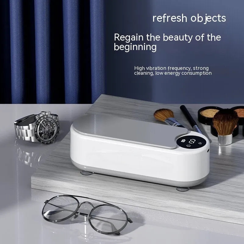White ultrasonic glasses cleaning machine with display, USB port, and 200g weight