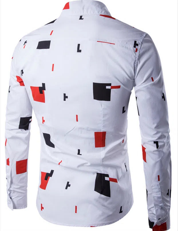 Mens casual long sleeve white cotton button-down shirt on hanger, front view
