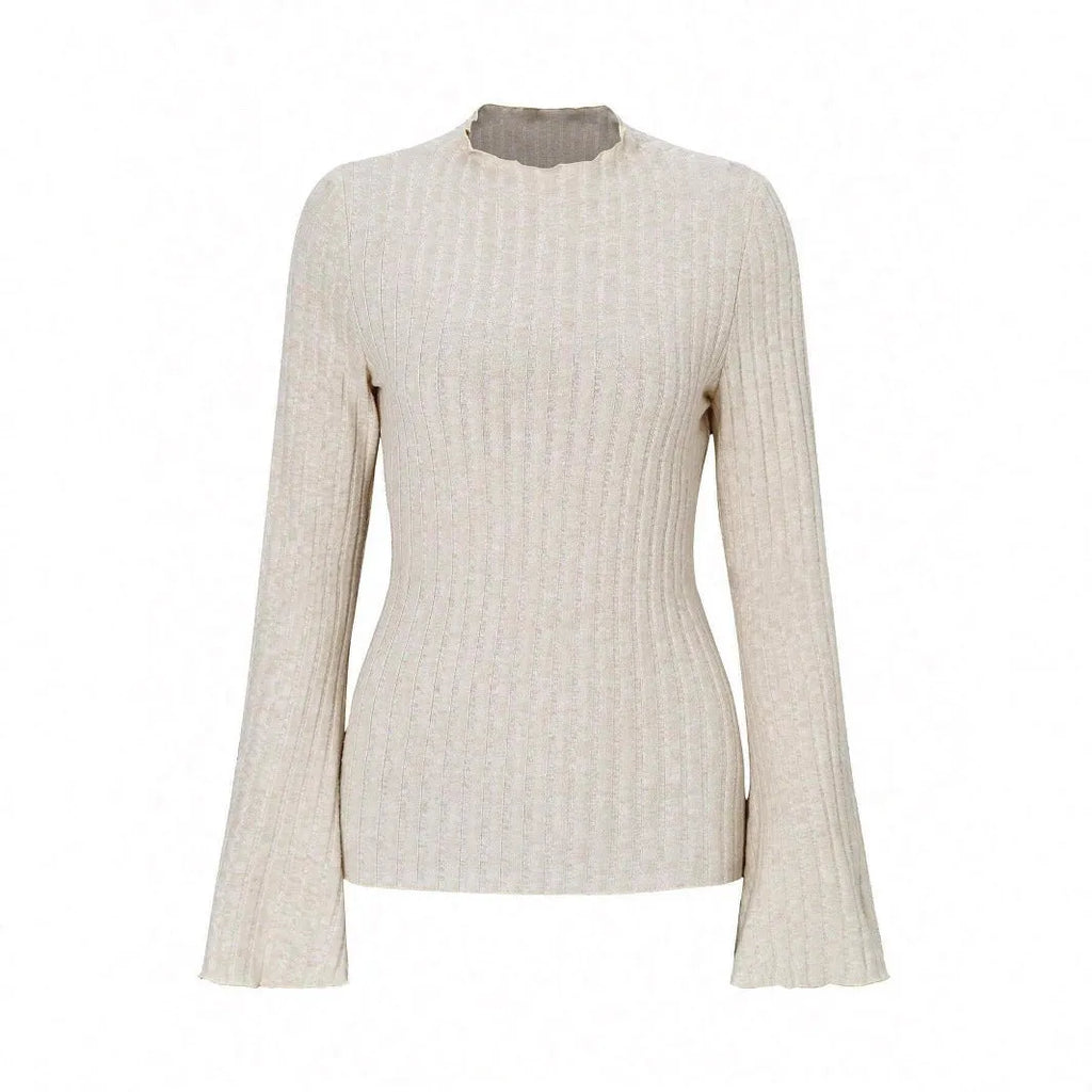 Black long sleeve slim fit top with round neck and lantern sleeves.