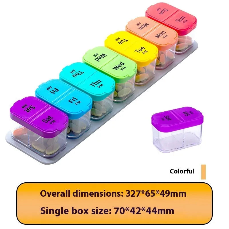 Extra large white and rainbow colour plastic pill organiser box with removable sections, shown with lid open.