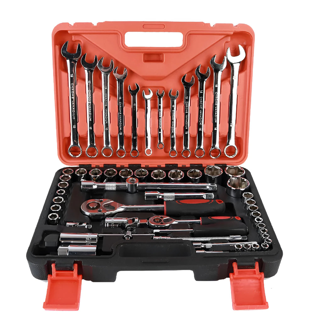 61-piece chrome vanadium steel auto repair socket and wrench set with ratchets, laid out in case.