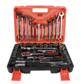 61-piece chrome vanadium steel auto repair socket and wrench set with ratchets, laid out in case.