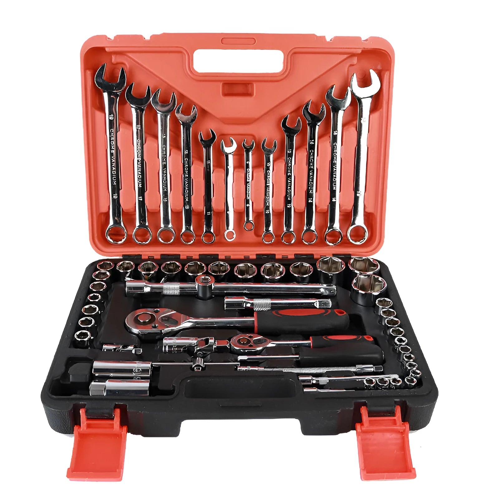 61-piece chrome vanadium steel auto repair socket and wrench set with ratchets, laid out in case.