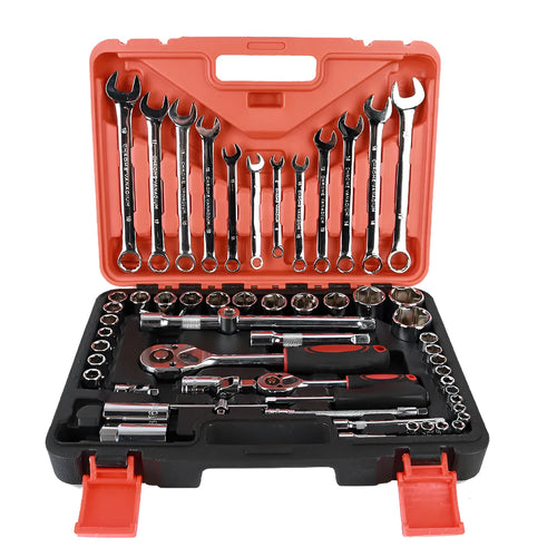 61-piece chrome vanadium steel socket and wrench set with ratchets and extensions laid out in its storage box.