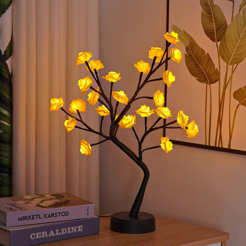 USB rose tree table lamp with bendable branches and LED night light in pink rose colour